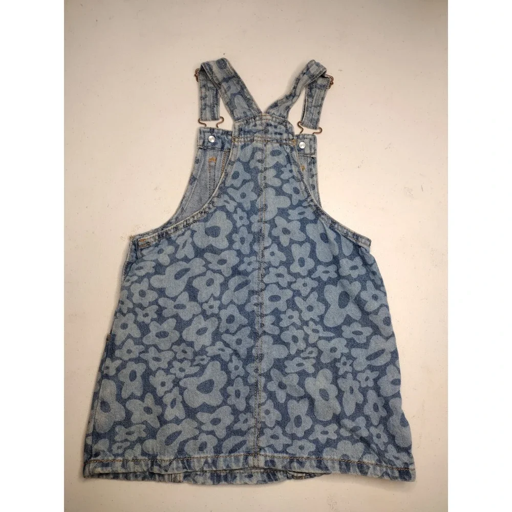 Wonder Nation Girls 4T Blue‎ Floral Denim Overall Dress Sleeveless Jumper Bib